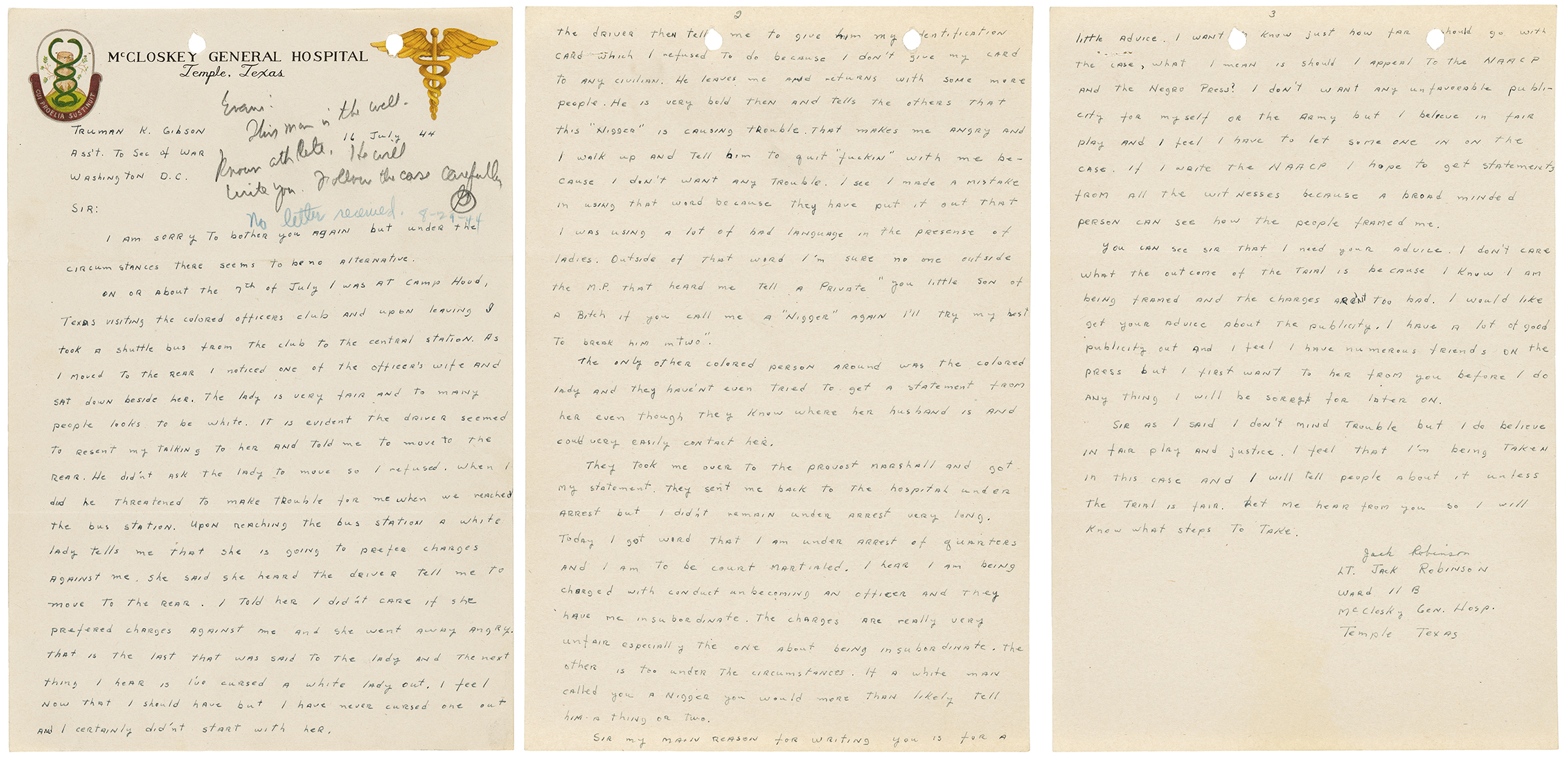 Letter from Jackie Robinson to Truman Gibson