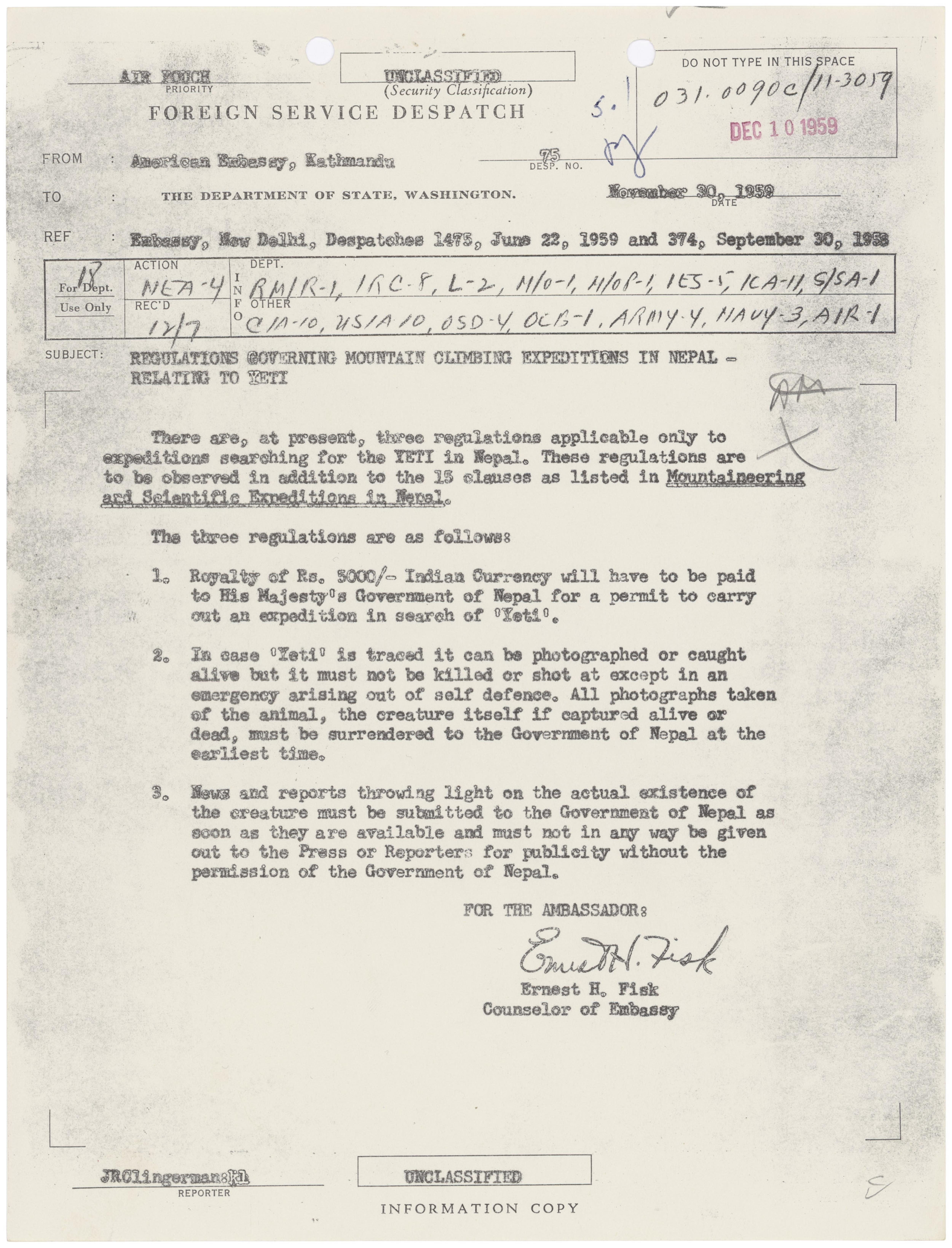 Regulations Governing Mountain Climbing Expeditions in Nepal-relating to Yeti, November 30, 1959