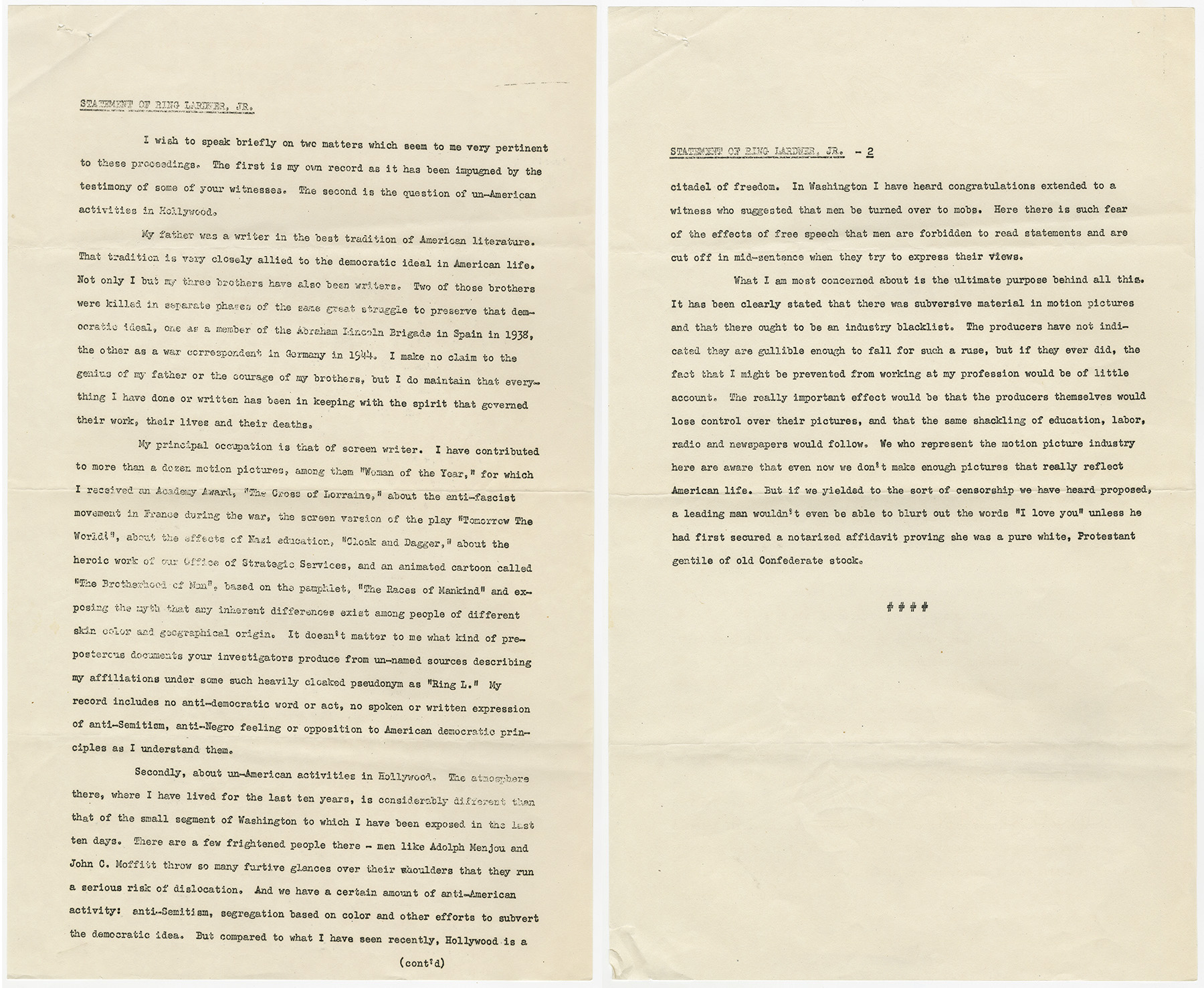 Ring Lardner Statement, HUAC, Hollywood Blacklist