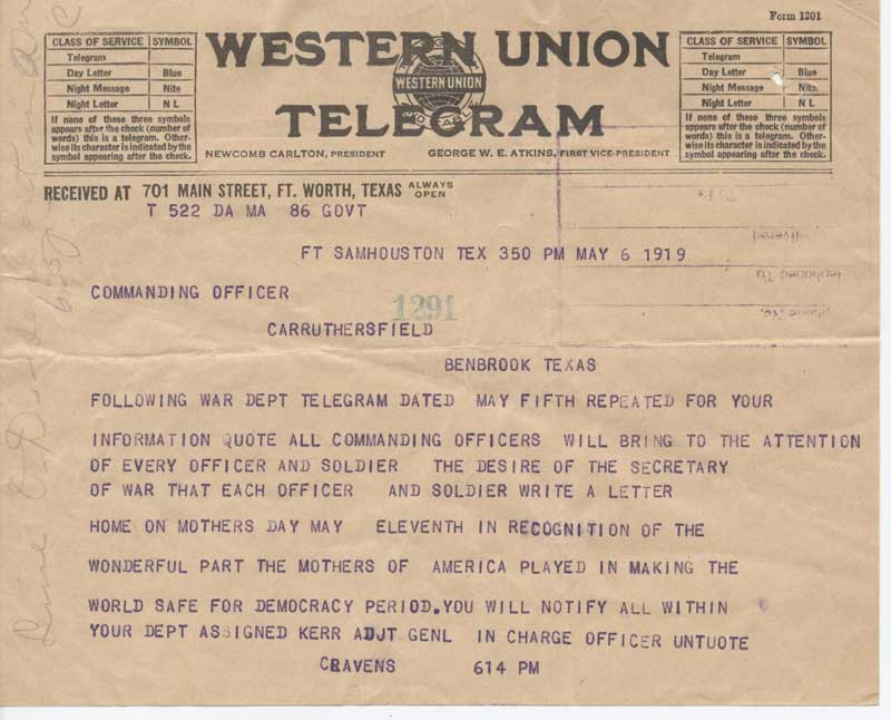 Mother's Day Telegram; May 6, 1919