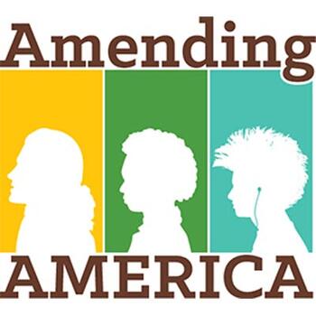 Three people in white silhouette with color blocks behind them and text above and below them