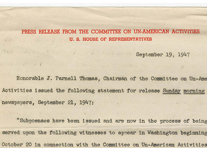 huac press release hollywood blacklist