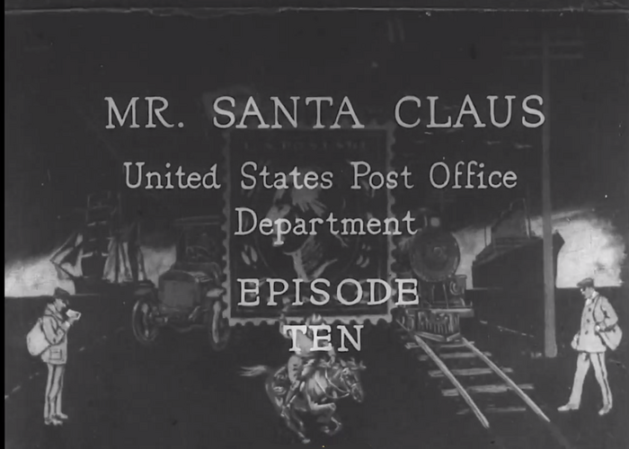 Black and white image of mail carriers and mail train with text over top