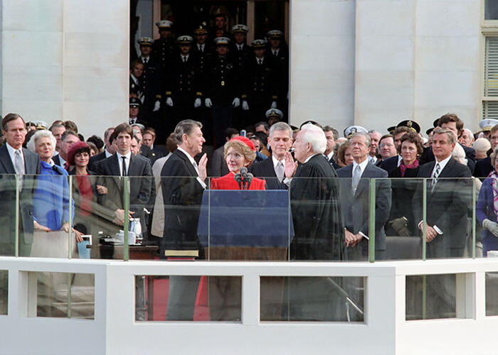 Color photograph of Ronald Reagan being sworn in as president