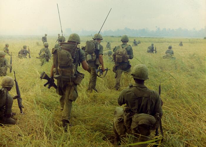 Color photograph of soldiers walking through rice field