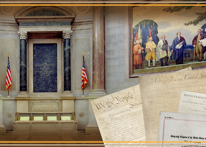 The National Archives Museum's historic rotunda, featuring pages from the U.S. Constitution, Bill of Rights, and amendments made to the U.S. Constitution