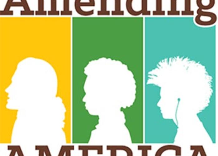 Three people in white silhouette with color blocks behind them and text above and below them