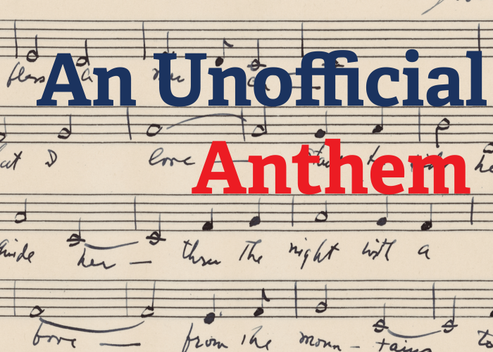 "An Unofficial Anthem" is in text on top of a scan of the original handwritten lyrics to "God Bless America"