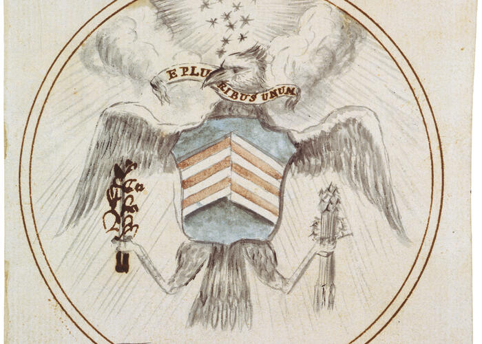 Hand-drawn circular seal with eagle in center surrounded by arrows, olive branch, shield, and scroll