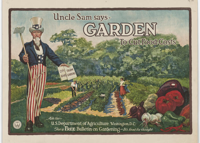 Color poster of Uncle Sam standing near a garden