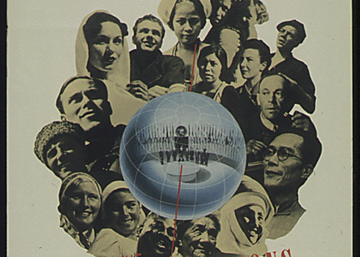 Image of various people surrounding a globe with black and red text.