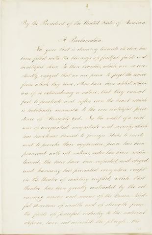 The first page of President Abraham Lincoln's Thanksgiving Day Proclamation of October 3, 1863 (Presidential Proclamation 106)