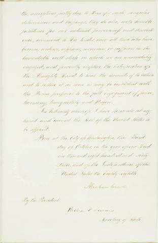 The third page of President Abraham Lincoln's Thanksgiving Day Proclamation of October 3, 1863 (Presidential Proclamation 106)