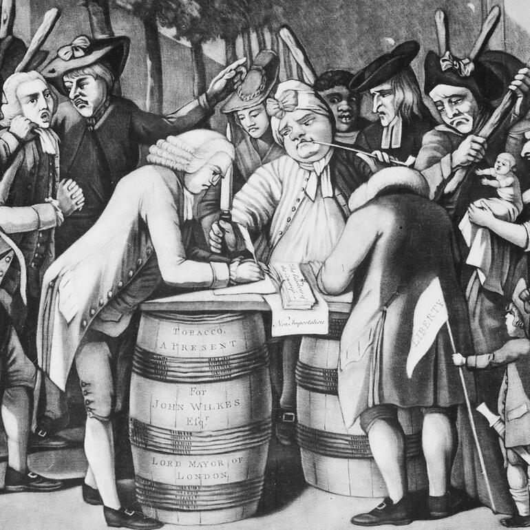 Black and white political cartoon depicting men, women, and children standing around a barrel writing on a document.