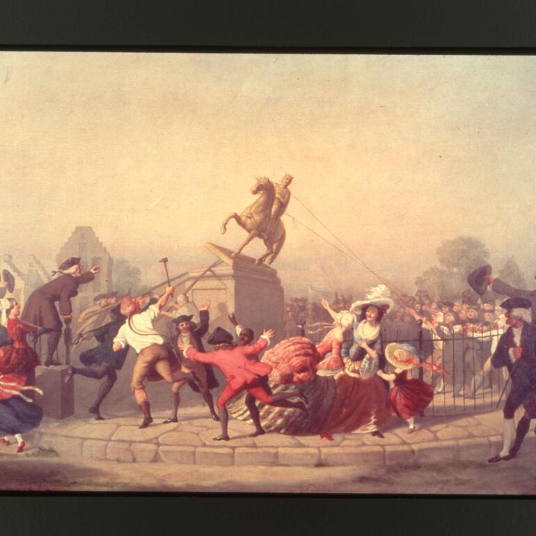 Pulling Down the Statue of George III at Bowling Green, July 9, 1776, by William Walcutt, 1857 Records of the U.S. Information Agency