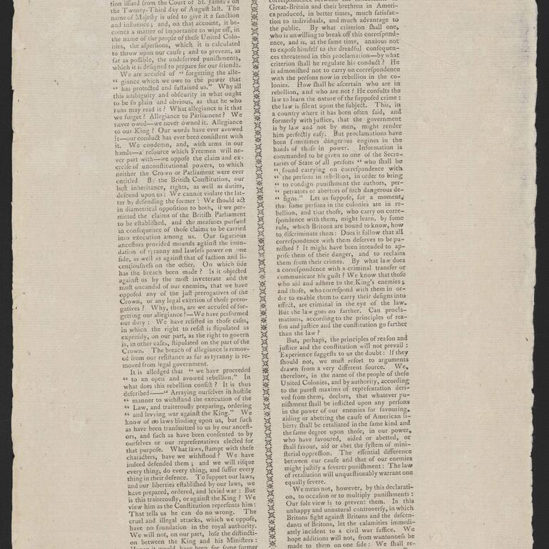 Broadside of Declaration by the Continental Congress in Response to the King's Proclamation Regarding Allegiance to Great Britain