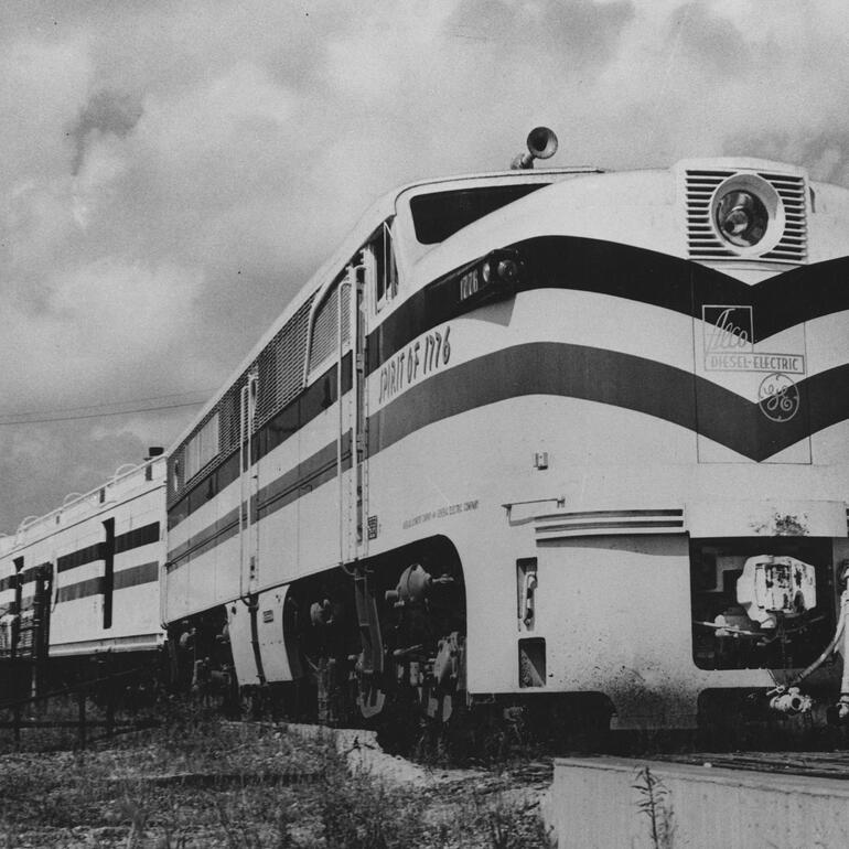 Black and white photograph of a train engine