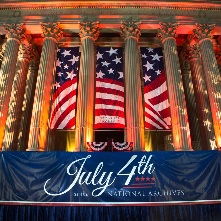 The National Archives Museum decorated for the Fourth of July