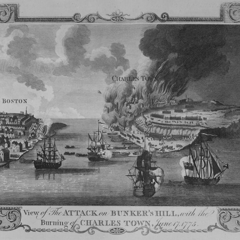 Black and white illustration of military attack at sea with town burning in background.