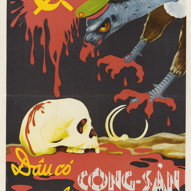 Full color poster of bird with blood on talons reaching towards a skull with Communist logo and Vietnamese text