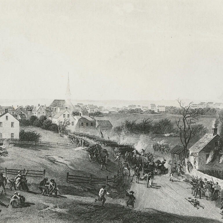 Illustration of battle retreat scene with buildings and soldiers.