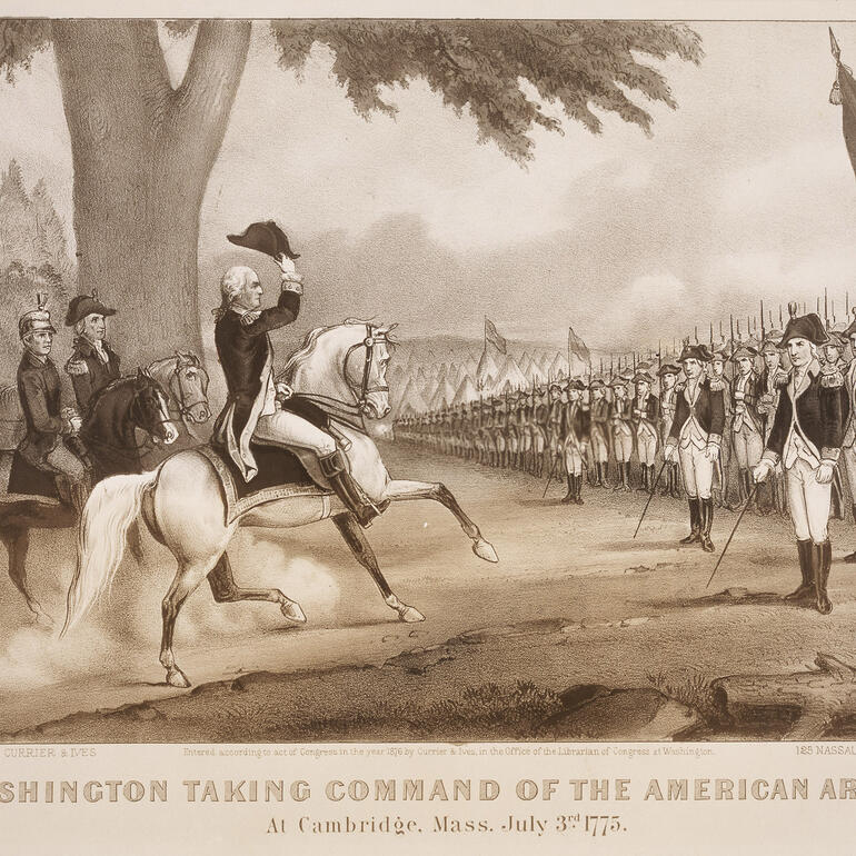 Illustration of general on horse reviewing line of troops