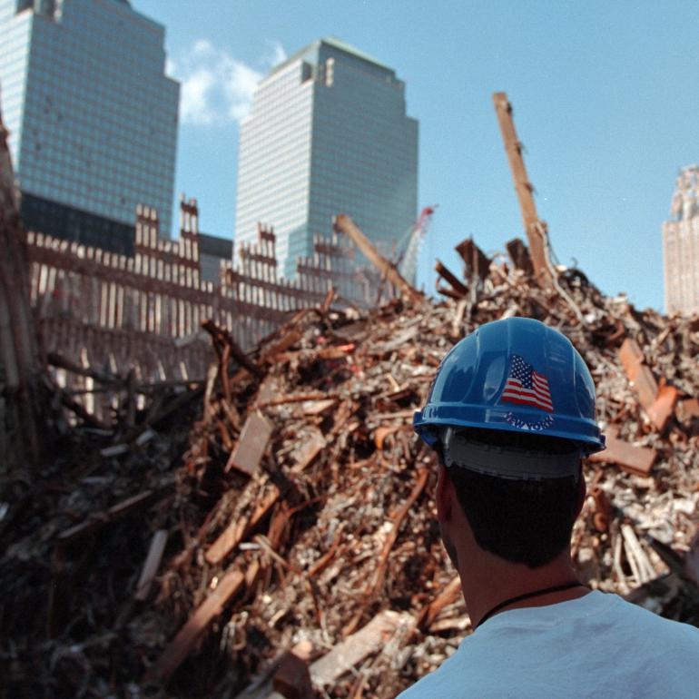A worker stands at Ground Zero in New York City.
