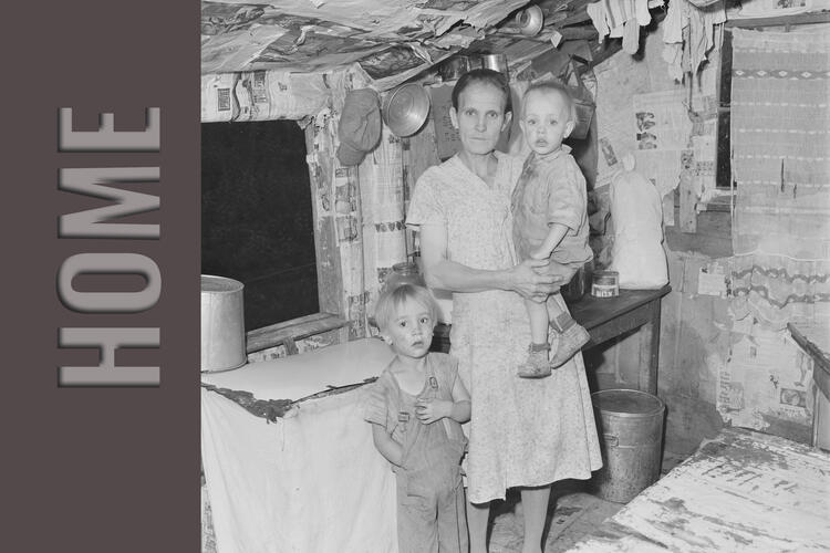 Woman and children inside house.