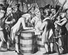 Black and white political cartoon depicting men, women, and children standing around a barrel writing on a document.