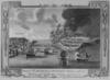 Black and white illustration of military attack at sea with town burning in background.