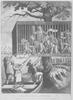 Black and white political cartoon of men in cage with other men poking sticks at them.