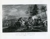 Capitulation de Cornwallis Engraving of soldiers on a field meeting in front of a tent. Horses in the foreground and palm trees in the background.