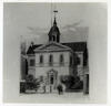 Black and white illustration of building with cupola on top and men standing in the foreground.