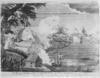 Battle at Charlestown Black and white illustration of battle at sea with house on the left and naval battle on the right.