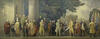 Color mural with men standing in front of a large column, one man is handing another a copy of the declaration of independence