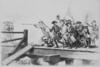Black and white illustration of soldiers on a bridge