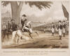 Washington Taking Command Illustration of general on horse reviewing line of troops