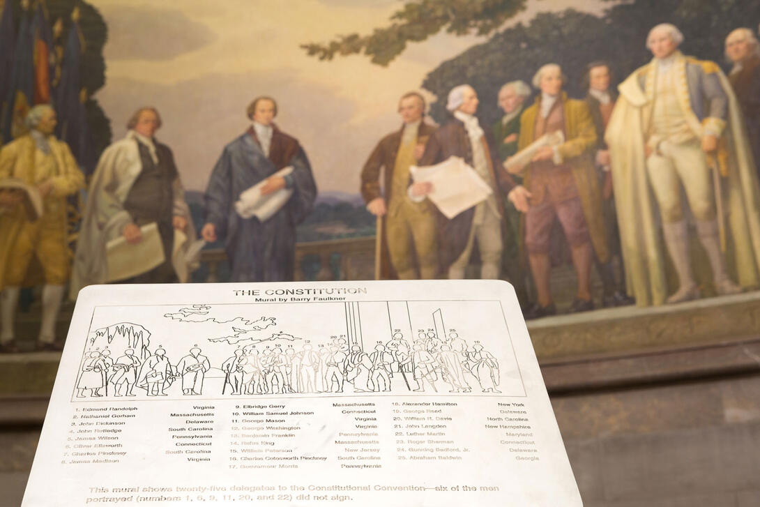 Key to the Faulkner Mural showing the presentation of the Constitution