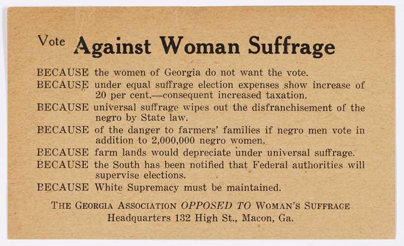 Postcard from the Georgia Association Opposed to Woman's Suffrage, 1916