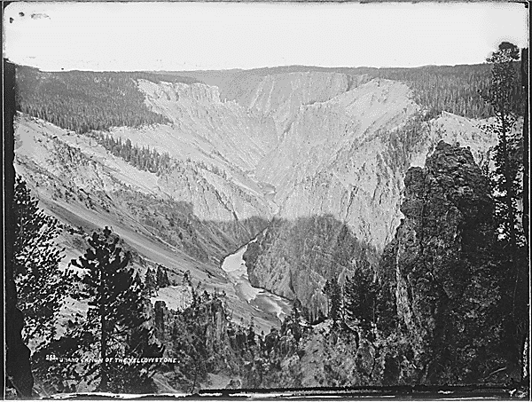 Black and white image of a larger canyon in the background and trees in the foreground.