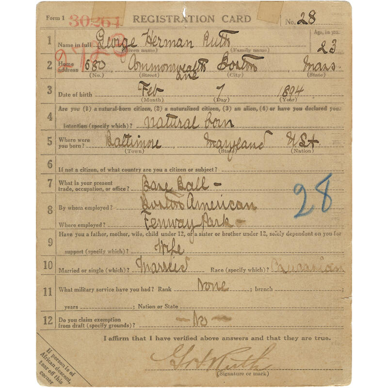 World War I Draft Registration Card for George Herman Ruth, 1917-1918