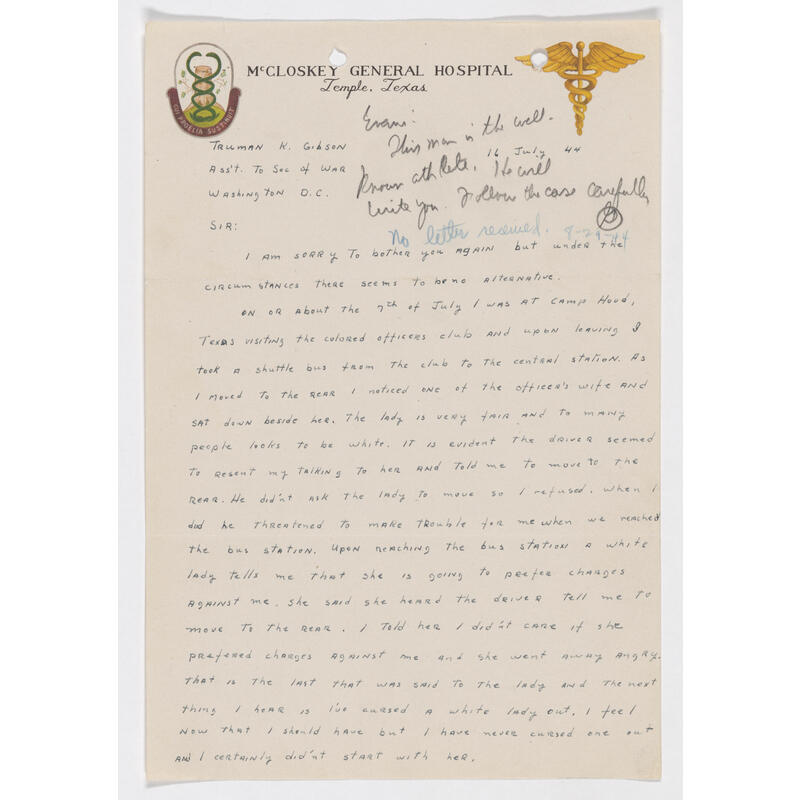 Letter from Lt. Jack Robinson to Truman K. Gibson, July 16, 1944, page 1