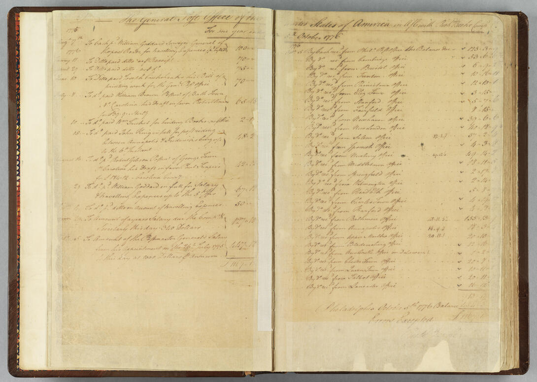 Benjamin Franklin's Postal Ledger is shown in its original form, as an open book with multiple lines of handwritten text.