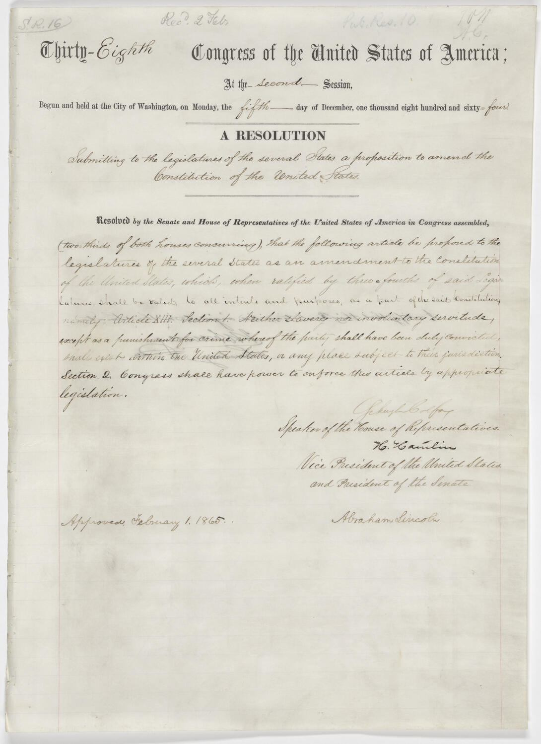 The Joint Resolution Proposing the 13th Amendment to the U.S. Constitution: Slavery and Involuntary Servitude