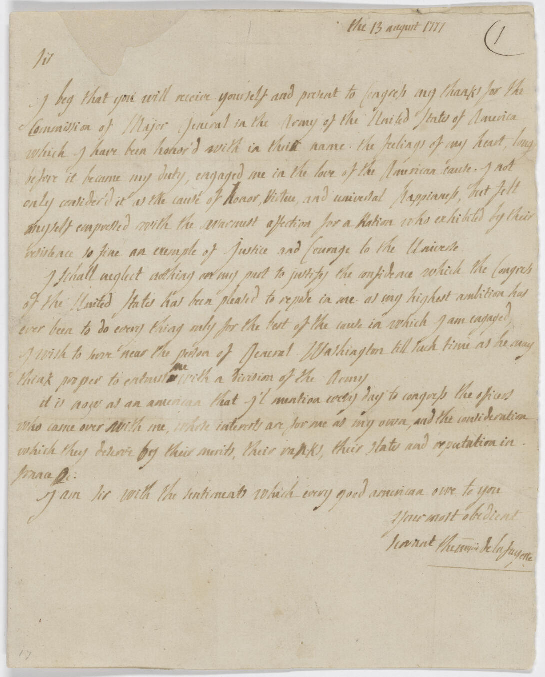 Letter from Marquis de Lafayette to John Hancock, President of Congress, August 13, 1777