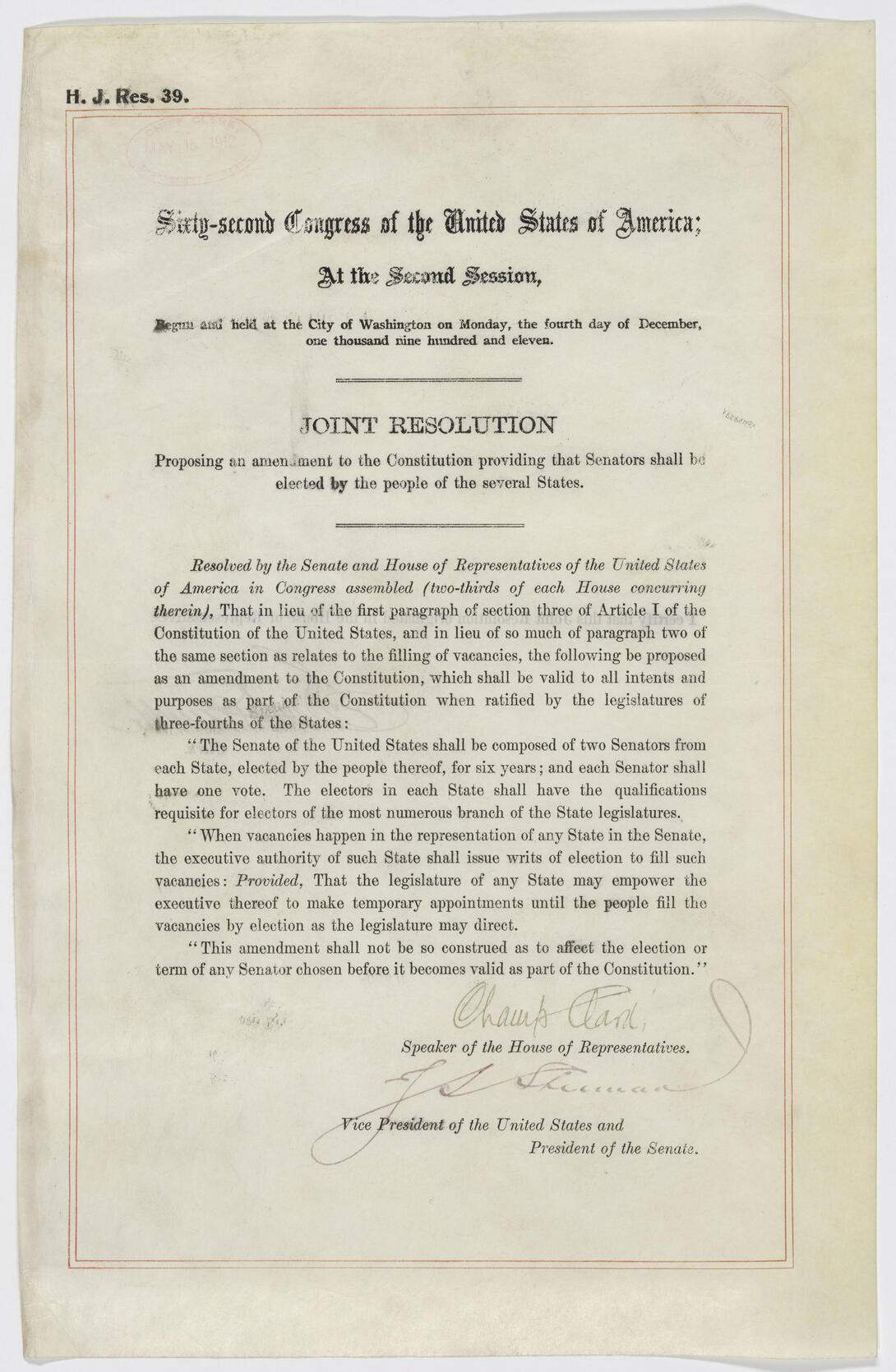 The Joint Resolution Proposing the 17th Amendment to the U.S. Constitution: Direct Election of Senators
