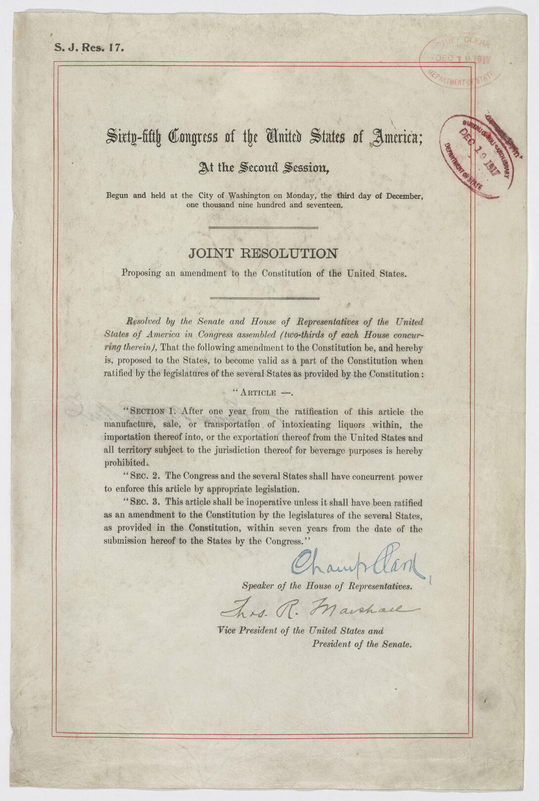 The Joint Resolution Proposing the 18th Amendment to the U.S. Constitution: Prohibition 