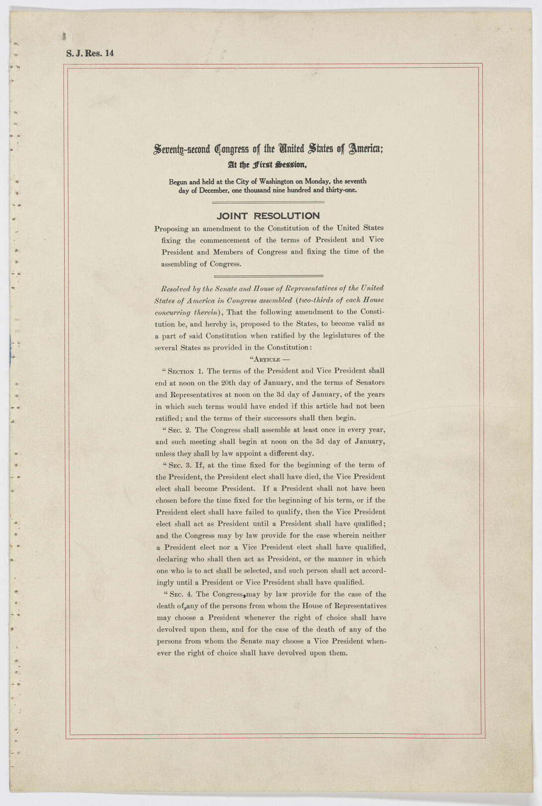 The first page of the Joint Resolution Proposing the 20th Amendment to the U.S. Constitution: Changes to Presidential Term and Succession