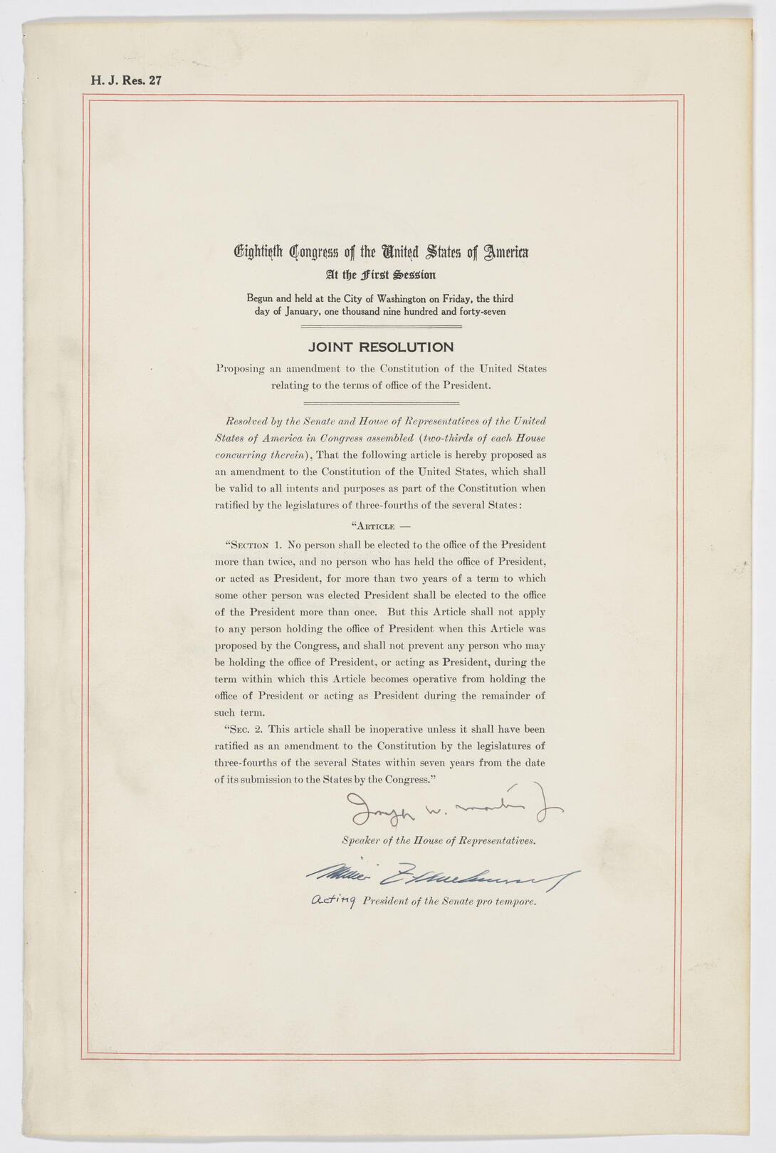 The Joint Resolution Proposing the 22nd Amendment to the U.S. Constitution: Presidential Term Limits