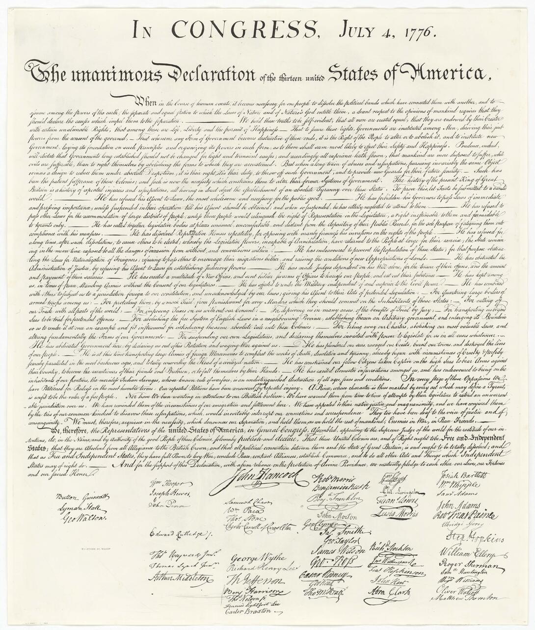 Bicentennial Print of the Declaration of Independence from the Stone Engraving Plate, 1976